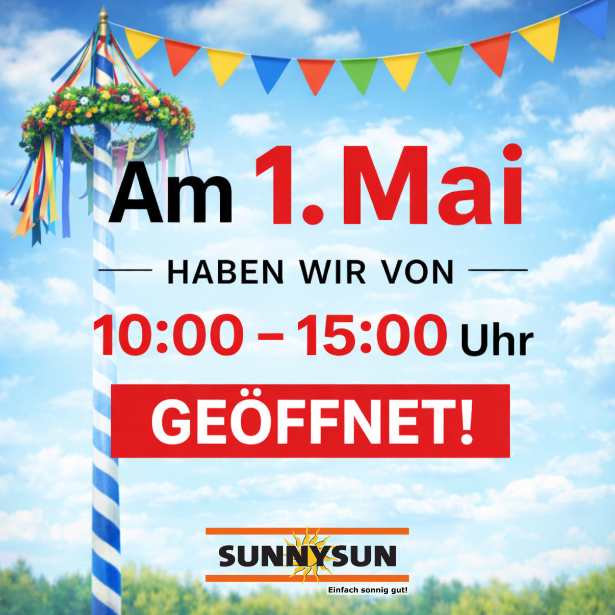 Öffnungszeiten zum 1. Mai im SUNNYSUN-Sonnenstudio Braunschweig